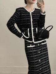 Hazel Blues® | Tweed Contrast Trim Jacket and Skirt Set