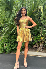 Gloden A-Line Metallic Spaghetti Strap Pleated Homecoming Dress