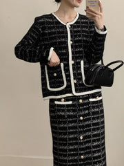 Hazel Blues® | Tweed Contrast Trim Jacket and Skirt Set