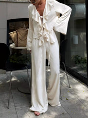 Hazel Blues® | Ruffle Trim Tie Front Top and Pants Set