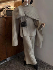 Hazel Blues® | 3-Piece Crew Neck Ribbed Sweater and Wide-Leg Pants Set with Scarf
