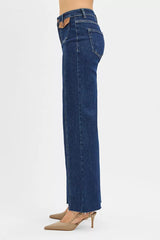 Hazel Blues® | RISEN High Rise Wide Flare Jeans with Front Leather Pocket Detail