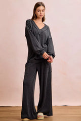 Hazel Blues® | BiBi Two Tone Cord Rib Contrast Stitching V-Neck Top and Pants Set