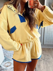 Hazel Blues® | Color Block Patchwork Half Button Top and Shorts 2pcs Set