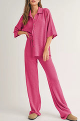 Hazel Blues® | Solid Color Textured Buttoned Shirt and Casual Pants Set