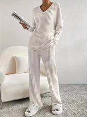 Hazel Blues® | Ribbed Knit V-Neck Top and Pants Set