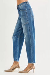 Hazel Blues® | RISEN 4 Way Stretch Mid Rise Barrel Jeans with Patch Pocket Detail
