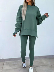Hazel Blues® | Solid Color Oversize Slit Sweatshirt and Ribbed Leggings 2pcs Set