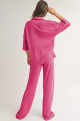 Hazel Blues® | Solid Color Textured Buttoned Shirt and Casual Pants Set