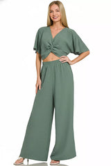 Hazel Blues® | Zenana Woven Airflow Twisted Top & Wide Leg Pants Set