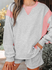 Hazel Blues® | Color Block Long Sleeve Sweatshirt and Shorts Set