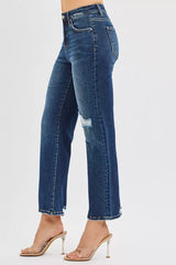 Hazel Blues® | RISEN High Rise Crop Slim Straight Jenas with Hidden Knee Patch