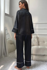 Hazel Blues® | Contrast Piping Button-Up Top and Pants Pajama Set
