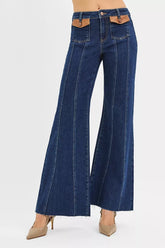 Hazel Blues® | RISEN High Rise Wide Flare Jeans with Front Leather Pocket Detail