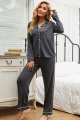 Hazel Blues® | Contrast Piping Button Down Top and Pants Loungewear Set