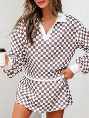 Hazel Blues® | Checkered Print Polo Collar Cropped Long Sleeve Top and Drawstring Mini Skirt Set