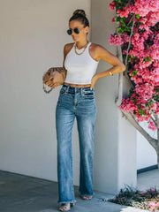 Hazel Blues® | Frayed Hem High-Waisted Wide Leg Jeans