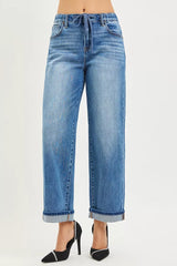 Hazel Blues® | RISEN Elastic Band Slouch Ankle Boyfriend Cuffed Hem Jeans
