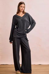 Hazel Blues® | BiBi Two Tone Cord Rib Contrast Stitching V-Neck Top and Pants Set