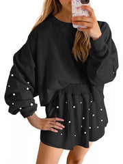Hazel Blues® | Pearl Embellished Round Neck Top and Skort Set