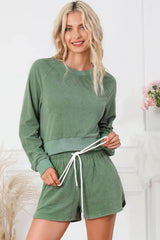 Hazel Blues® | Round Neck Long Sleeve Top and Drawstring Shorts Lounge Set