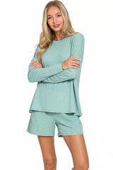 Hazel Blues® | Zenana Soft Melange Long Sleeve Tee and Shorts Set