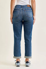 Hazel Blues® | Judy Blue Mid Rise Boyfriend Embroidered Repair Patch Jeans