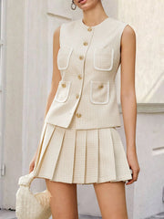 Hazel Blues® | Tweed Button-Front Vest and Pleated Skirt Set