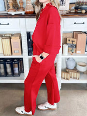 Hazel Blues® | Polo Collar V Neck 3/4 Sleeve Pullover Drawstring Bell Bottom Pants 2pcs Set