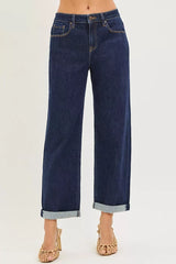 Hazel Blues® | RISEN Slouchy Cropped Boyfriend Jeans With Cuffed Hem