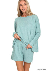 Hazel Blues® | Zenana Soft Melange Long Sleeve Tee and Shorts Set