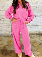 Hazel Blues® | Solid Color Collared Pullover and Central Seam Pants Set