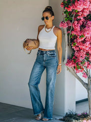 Hazel Blues® | Frayed Hem High-Waisted Wide Leg Jeans
