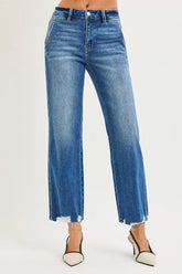 Hazel Blues® | RISEN High Rise Ankle Straight Distressed Hem Detail Jeans