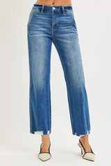 Hazel Blues® | RISEN High Rise Ankle Straight Distressed Hem Detail Jeans
