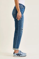 Hazel Blues® | Judy Blue Mid Rise Boyfriend Embroidered Repair Patch Jeans