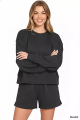 Hazel Blues® | Zenana Fleece Round Neck Sweatshirt and Shorts Set