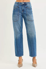 Hazel Blues® | RISEN 4 Way Stretch Mid Rise Barrel Jeans with Patch Pocket Detail