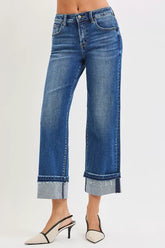 Hazel Blues® | RISEN Mid Rise Ankle Straight Jeans with Cuffed Hem