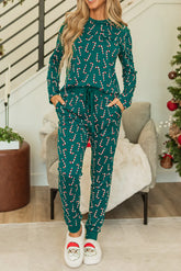 Hazel Blues® | Candy Cane Print Round Neck Top and Pants Lounge Set
