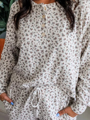 Hazel Blues® | Spiral Ribbed Floral Print Long Sleeve Henley Top Drawstring Short Set