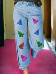 Hazel Blues® | Colorful Sequin Christmas Tree Patched Raw Hem Cropped Wide Leg Jeans