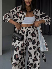 Hazel Blues® | Leopard Print Relaxed Fit Shirt and Pants Two-Piece Set