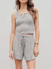 Hazel Blues® | Quarter Button Sleeveless Top and Drawstring Shorts Lounge Set