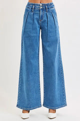 Hazel Blues® | RISEN Mid Rise Fit Wide Leg with Pleated Detail Jeans