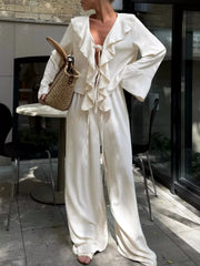 Hazel Blues® | Ruffle Trim Tie Front Top and Pants Set