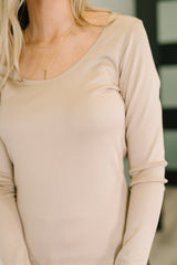 Hazel Blues® | Can You Believe It Basic Long Sleeve Top In Sand