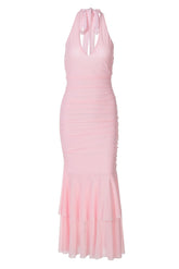 Halter Plunge Pink Fitted Ruffle Dress