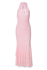 Halter Pink Ruched Tiered Long Dress