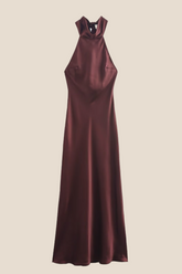 High Neck Burgundy Open Back Long Dress